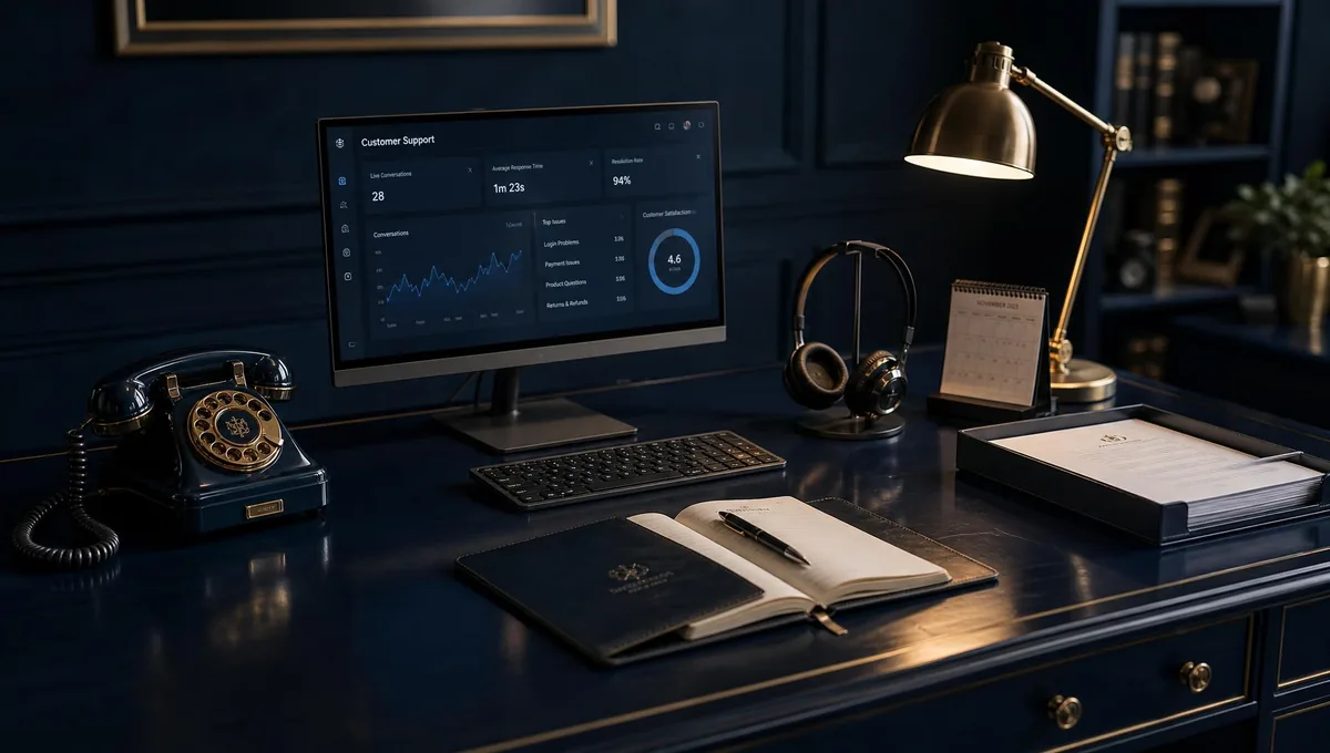 A customer support agent's desk with telephone, monitor, headset, calendar, notebook and documents