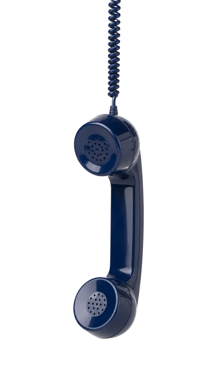 Navy telephone receiver hanging from a coiled cord - tap or hover to ring